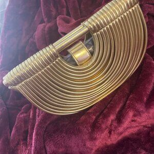 Neiman Marcus Metallic Gold Half Round PU Leather Woven Bag